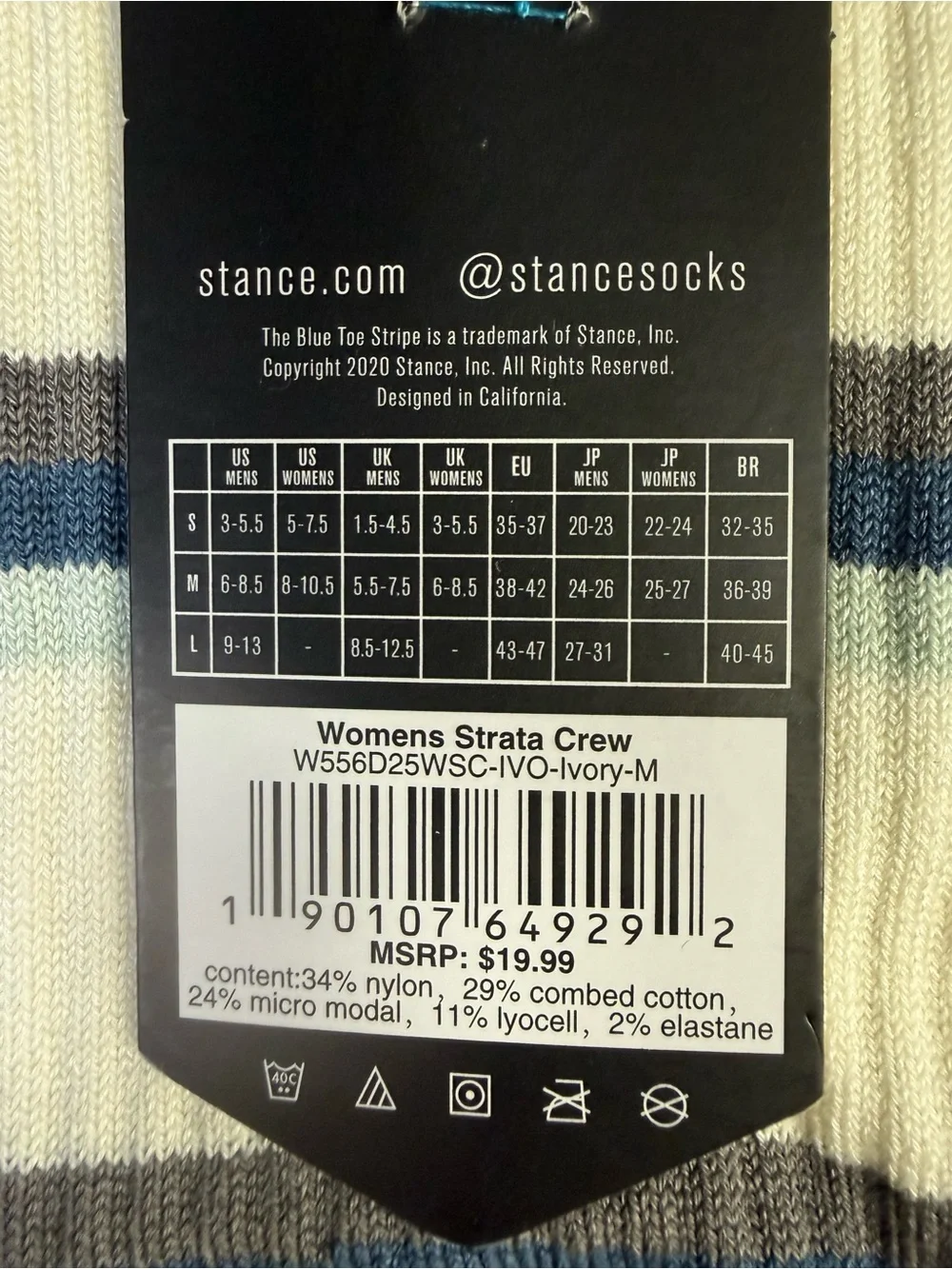 Stance Women’s Strata Crew Socks Ivory Striped Butter Blend M 8-10.5 NWT